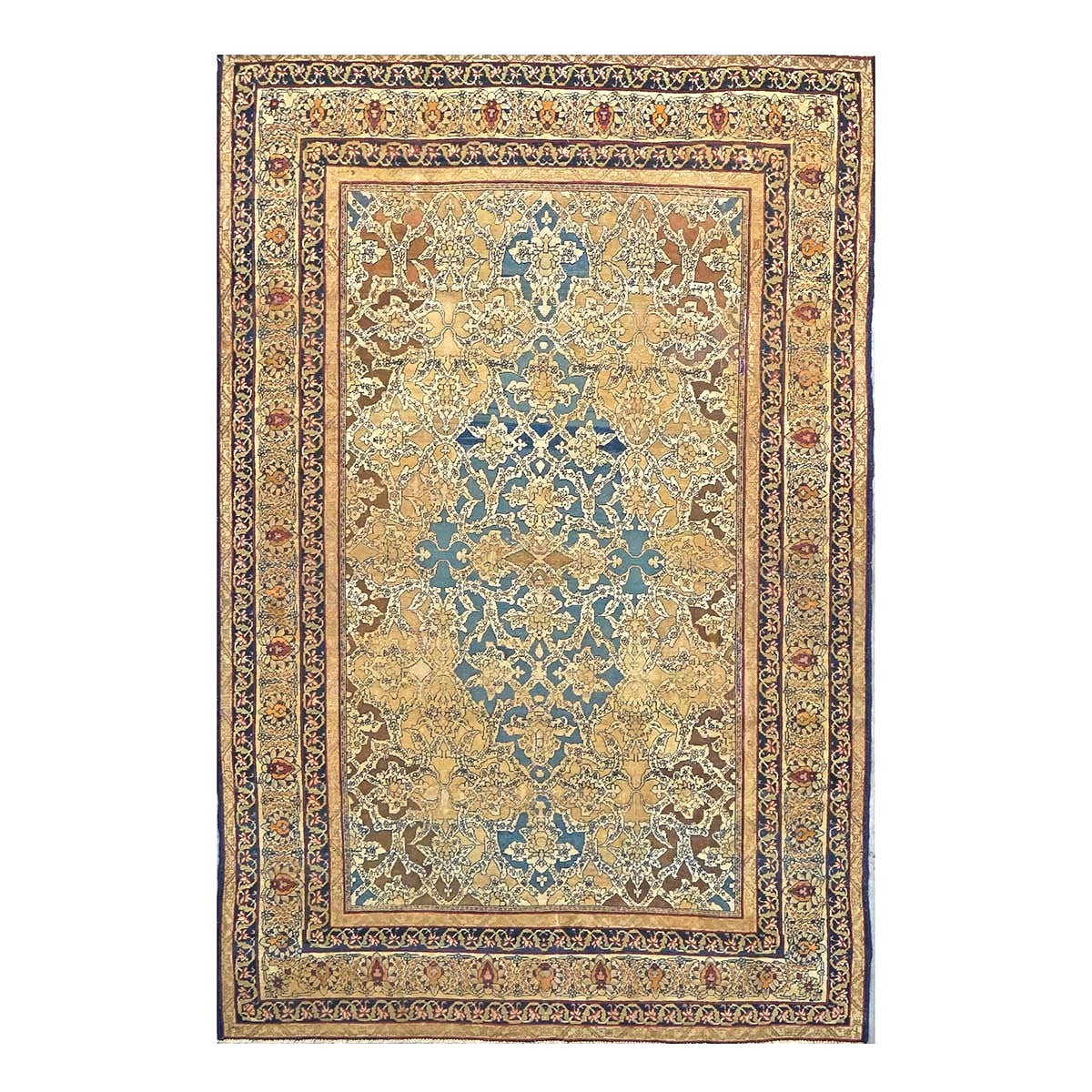 Antique Persian Tehran Wool 4x7 Tan, Blue & Ivory Handmade Area Rug #1144779