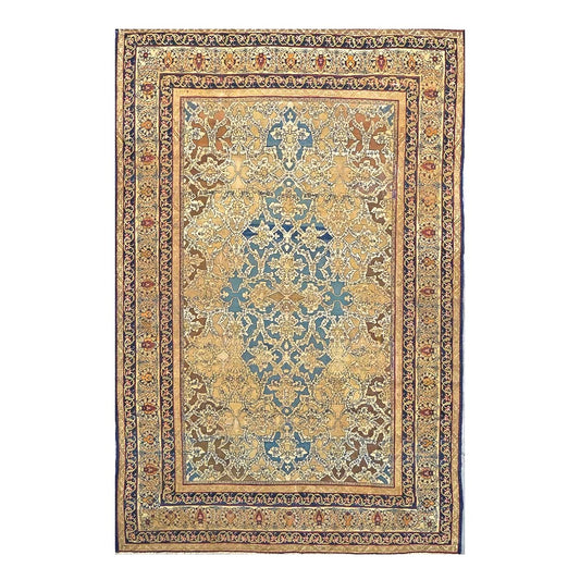 Antique Persian Tehran Wool 4x7 Tan, Blue & Ivory Handmade Area Rug #1144779