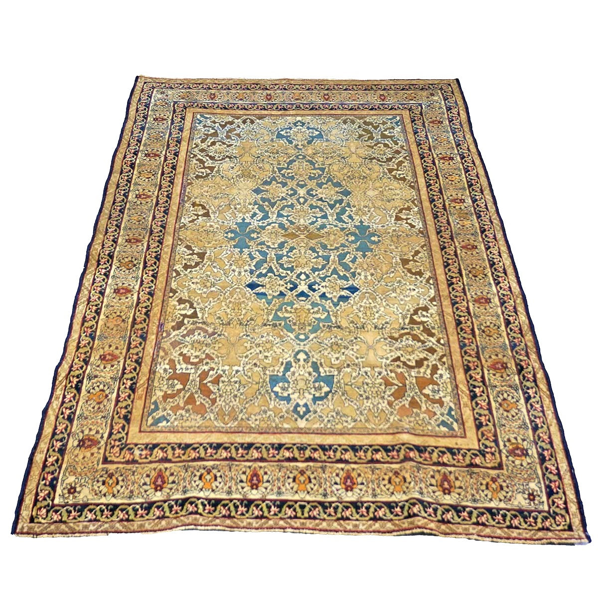 Antique Persian Tehran Wool 4x7 Tan, Blue & Ivory Handmade Area Rug #1144779