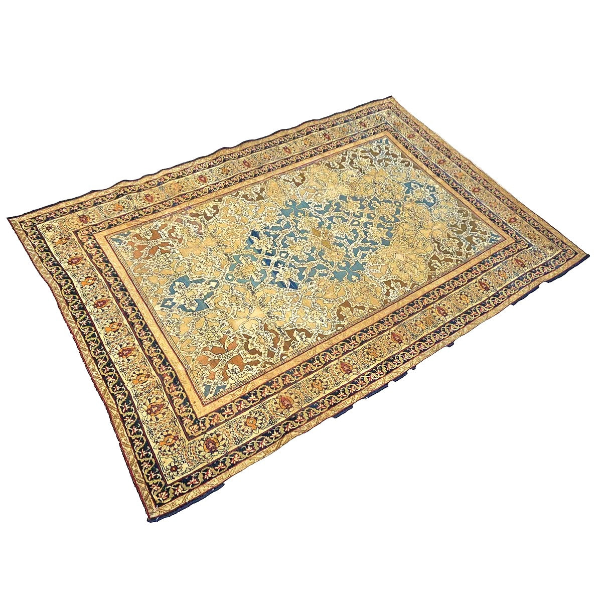 Antique Persian Tehran Wool 4x7 Tan, Blue & Ivory Handmade Area Rug #1144779