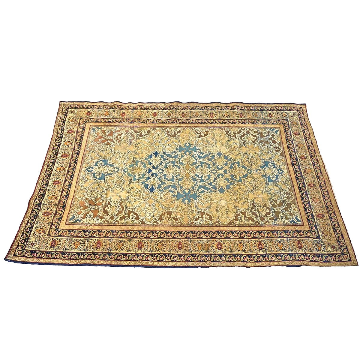 Antique Persian Tehran Wool 4x7 Tan, Blue & Ivory Handmade Area Rug #1144779