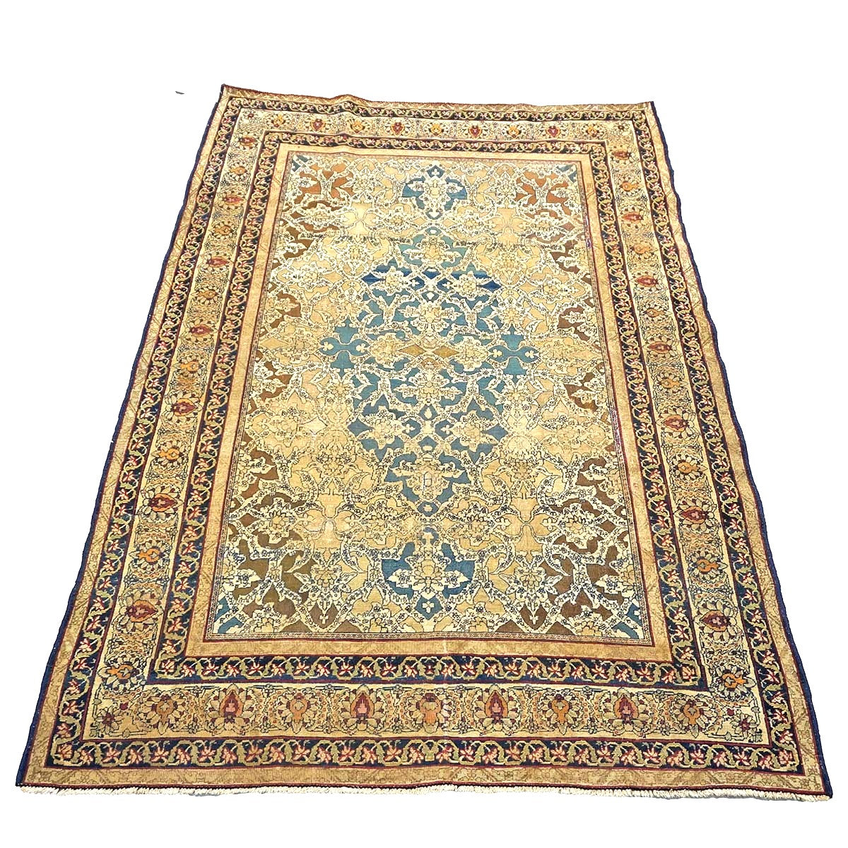 Antique Persian Tehran Wool 4x7 Tan, Blue & Ivory Handmade Area Rug #1144779