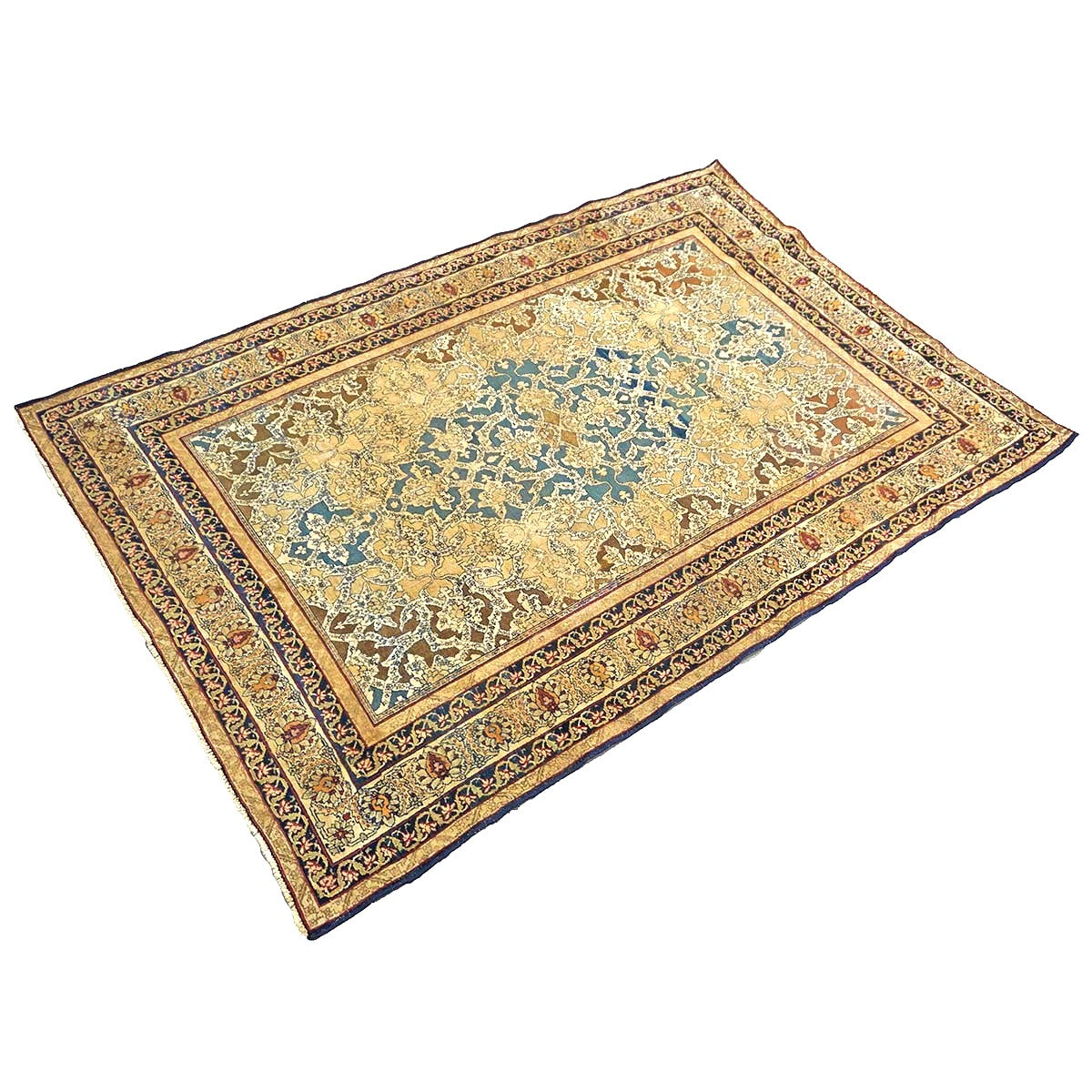 Antique Persian Tehran Wool 4x7 Tan, Blue & Ivory Handmade Area Rug #1144779