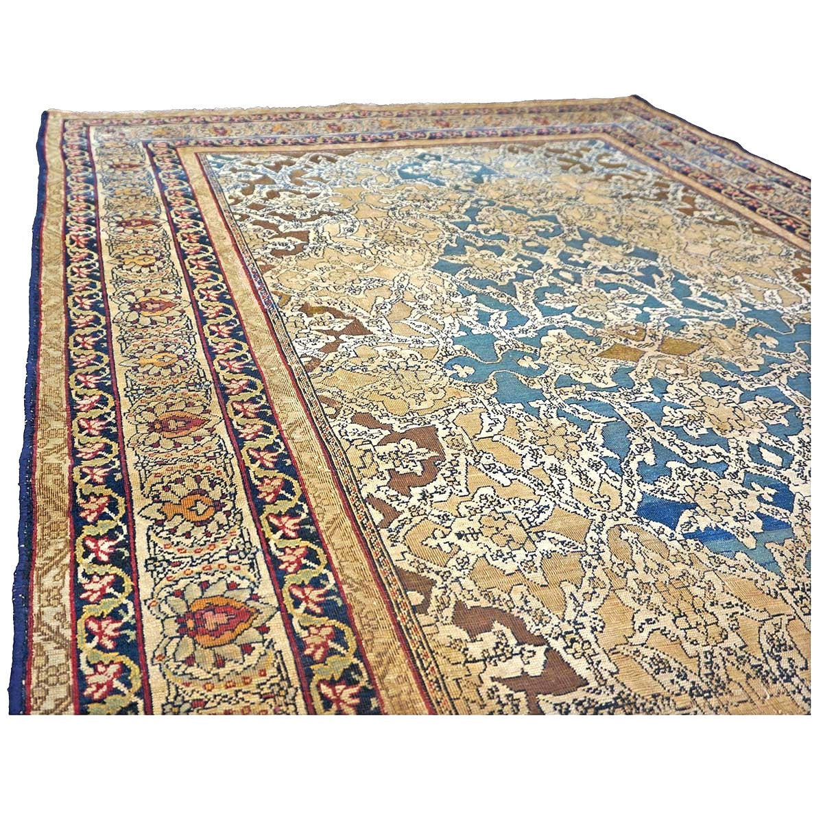 Antique Persian Tehran Wool 4x7 Tan, Blue & Ivory Handmade Area Rug #1144779