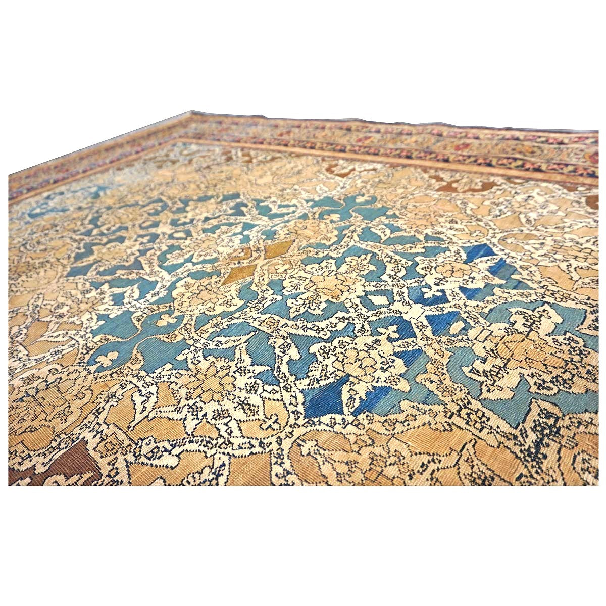 Antique Persian Tehran Wool 4x7 Tan, Blue & Ivory Handmade Area Rug #1144779
