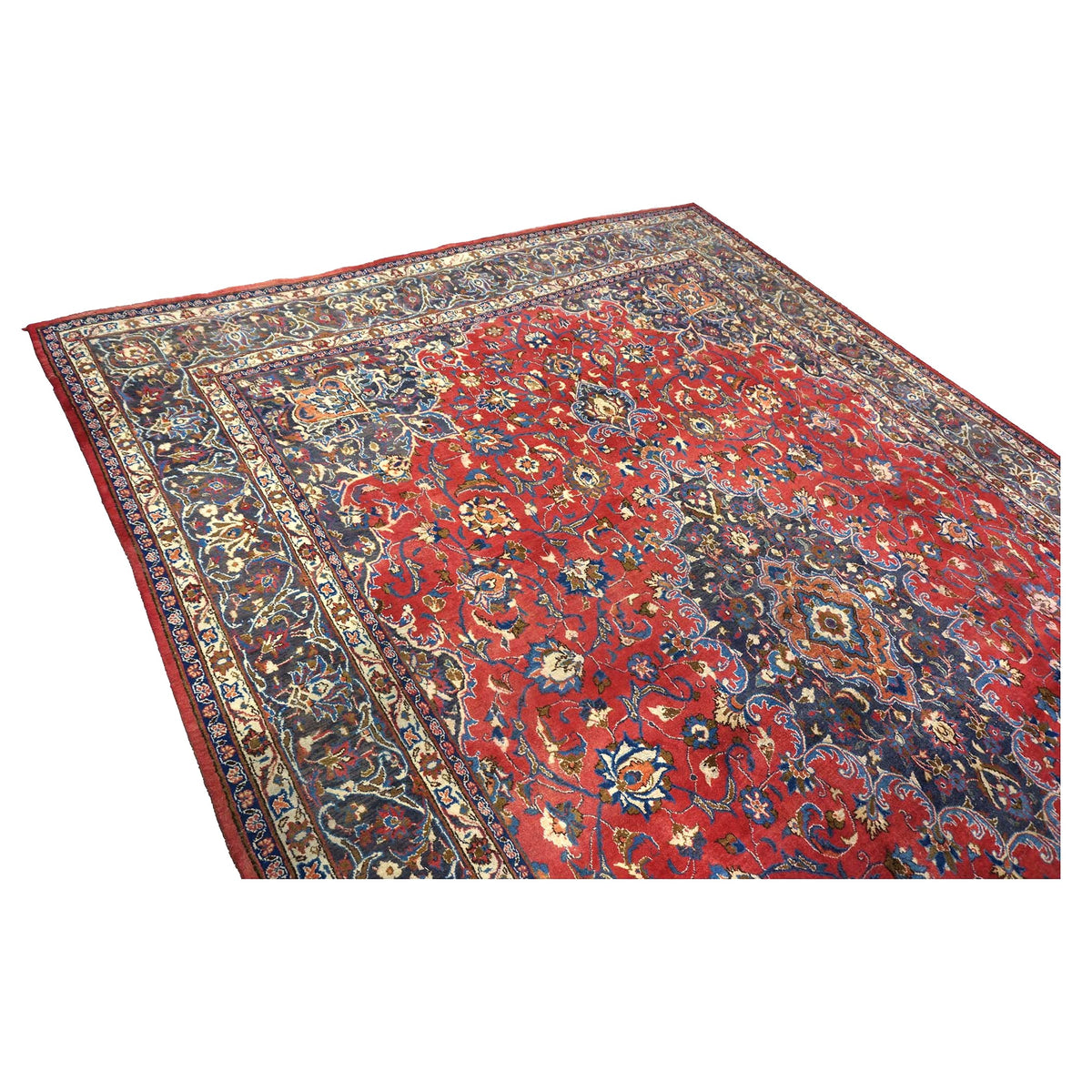 Vintage Persian Mashad Wool 10x13 Red & Navy Handmade Area Rug #1144782