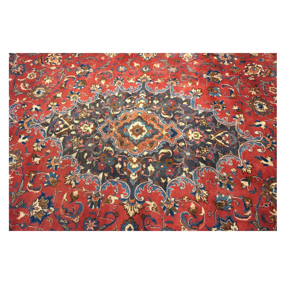 Vintage Persian Mashad Wool 10x13 Red & Navy Handmade Area Rug #1144782