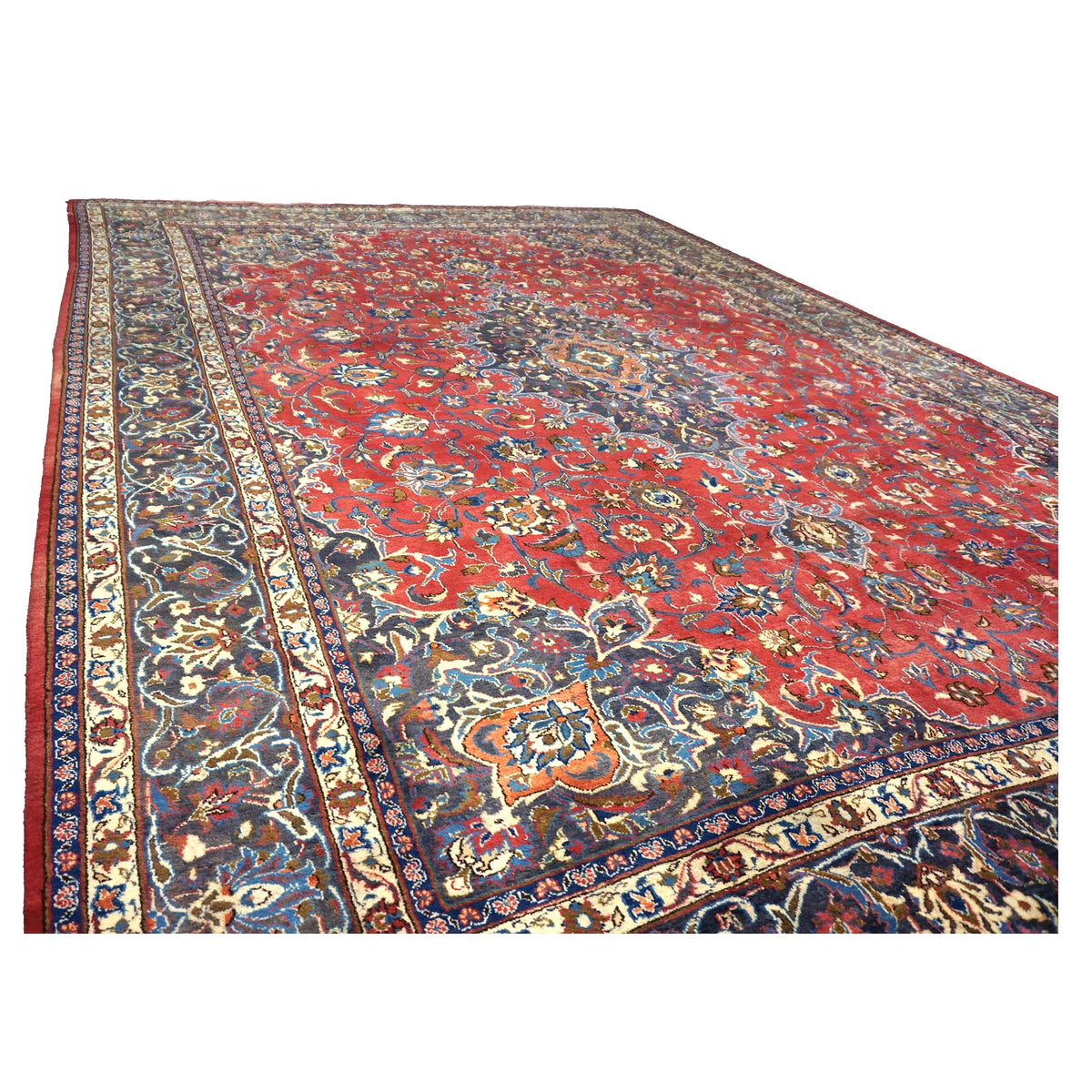 Vintage Persian Mashad Wool 10x13 Red & Navy Handmade Area Rug #1144782
