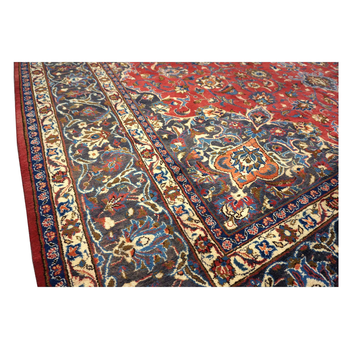 Vintage Persian Mashad Wool 10x13 Red & Navy Handmade Area Rug #1144782