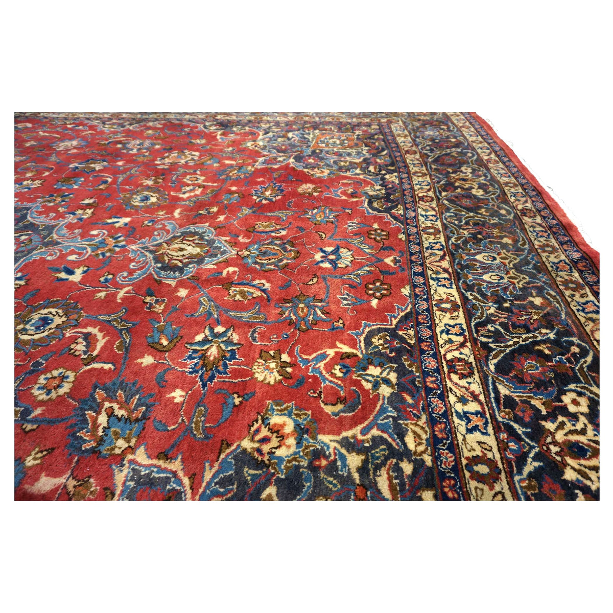 Vintage Persian Mashad Wool 10x13 Red & Navy Handmade Area Rug #1144782