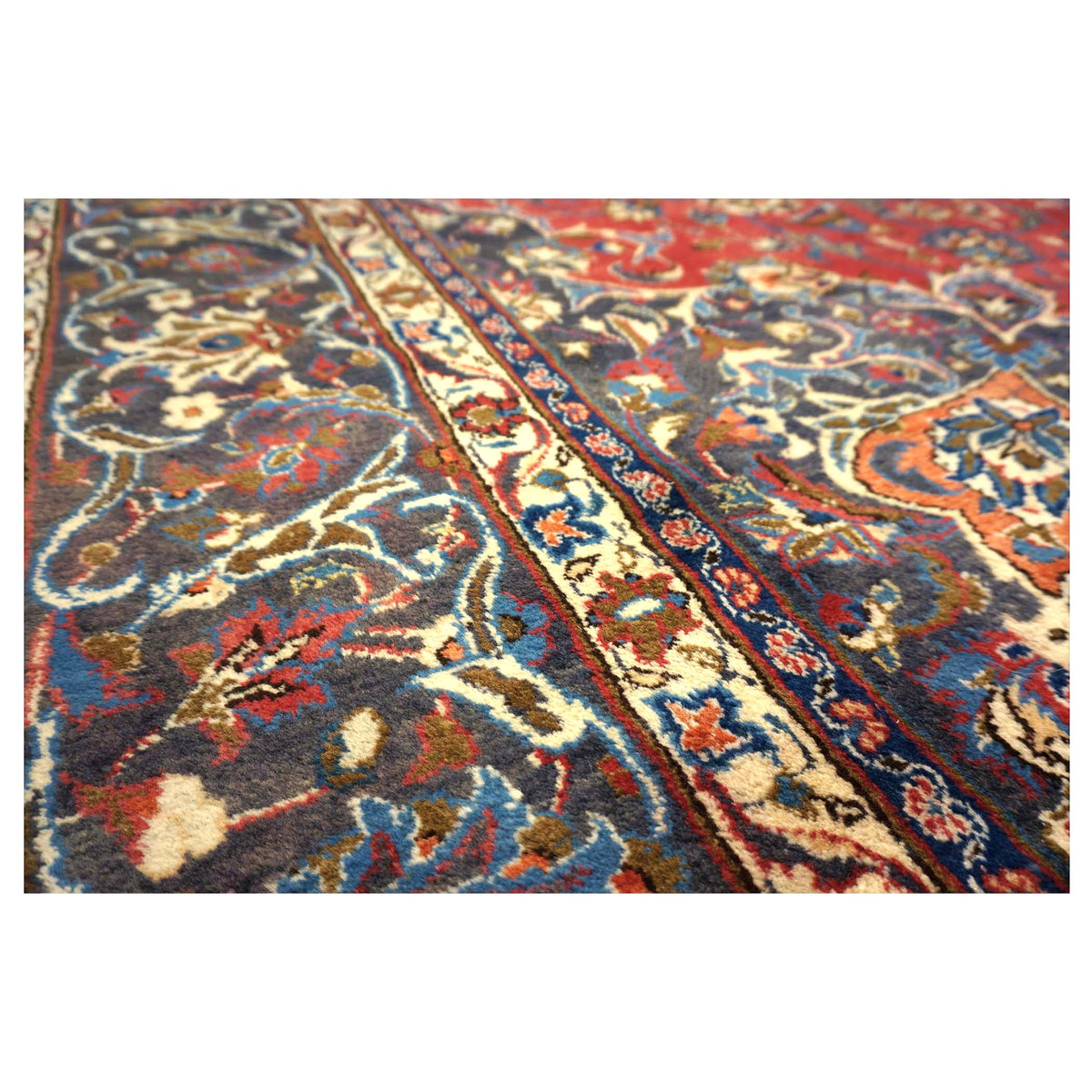 Vintage Persian Mashad Wool 10x13 Red & Navy Handmade Area Rug #1144782