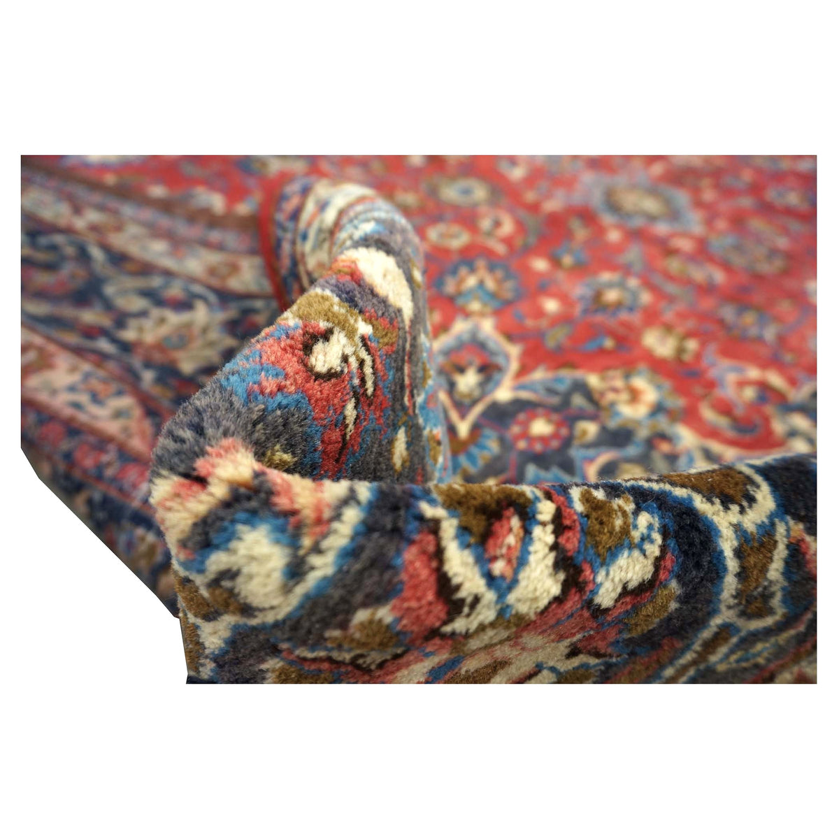 Vintage Persian Mashad Wool 10x13 Red & Navy Handmade Area Rug #1144782