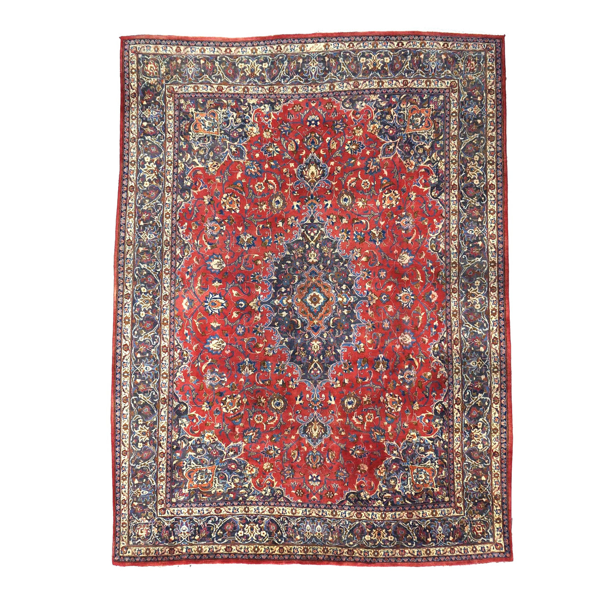 Vintage Persian Mashad Wool 10x13 Red & Navy Handmade Area Rug #1144782