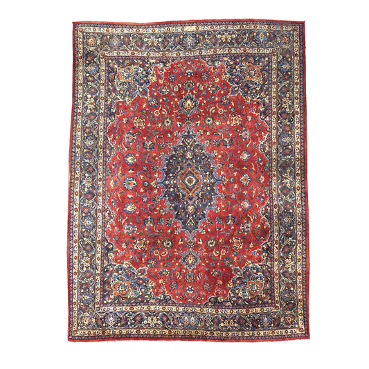 Vintage Persian Mashad Wool 10x13 Red & Navy Handmade Area Rug #1144782