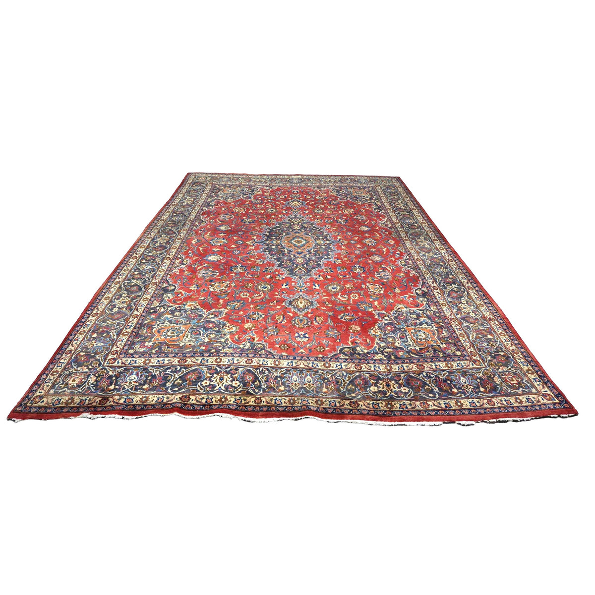 Vintage Persian Mashad Wool 10x13 Red & Navy Handmade Area Rug #1144782