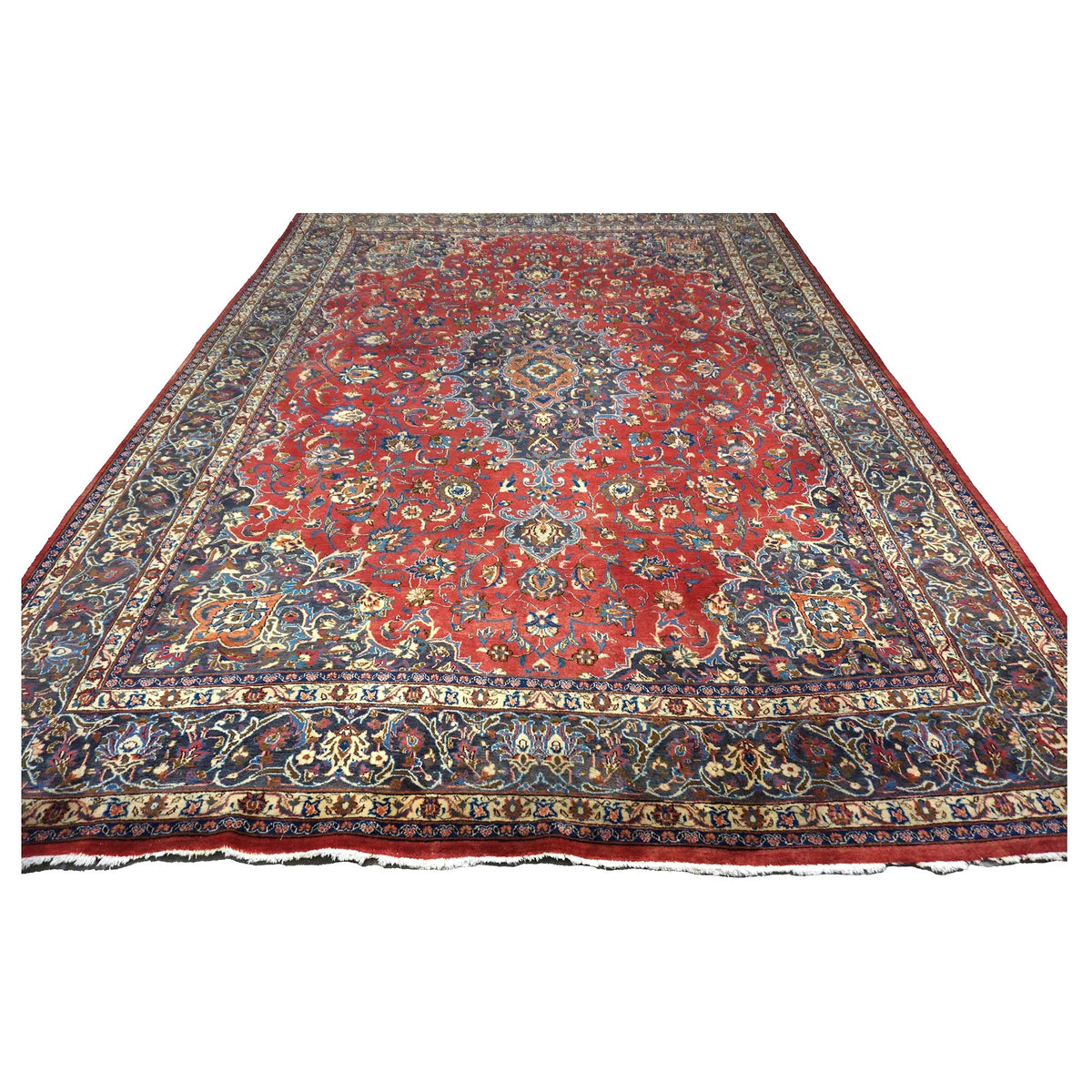 Vintage Persian Mashad Wool 10x13 Red & Navy Handmade Area Rug #1144782