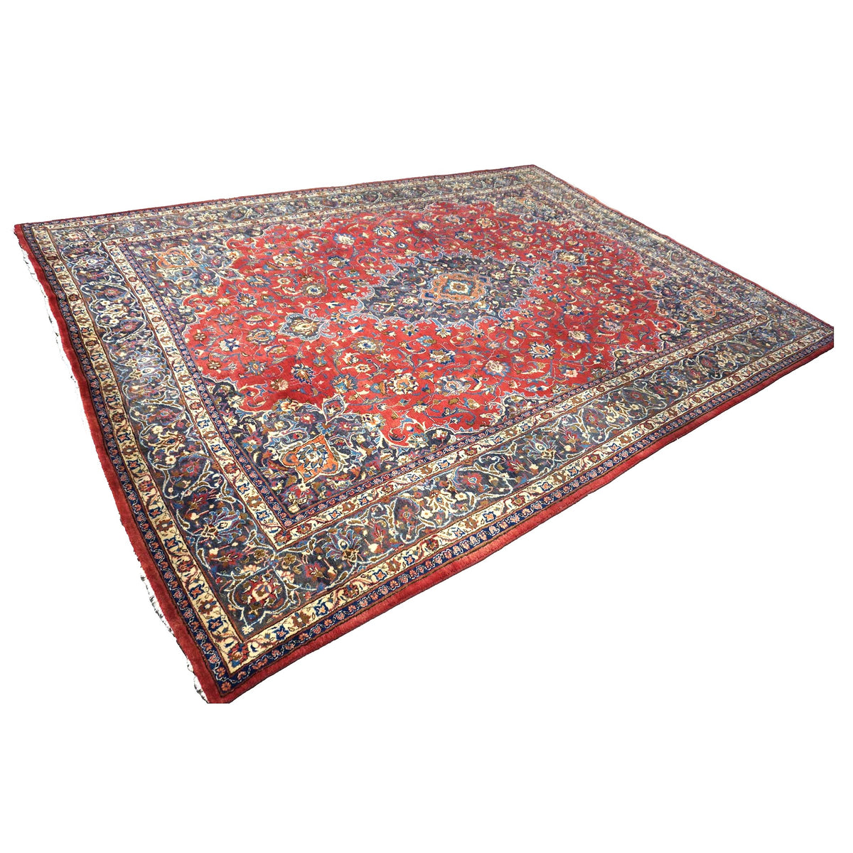 Vintage Persian Mashad Wool 10x13 Red & Navy Handmade Area Rug #1144782