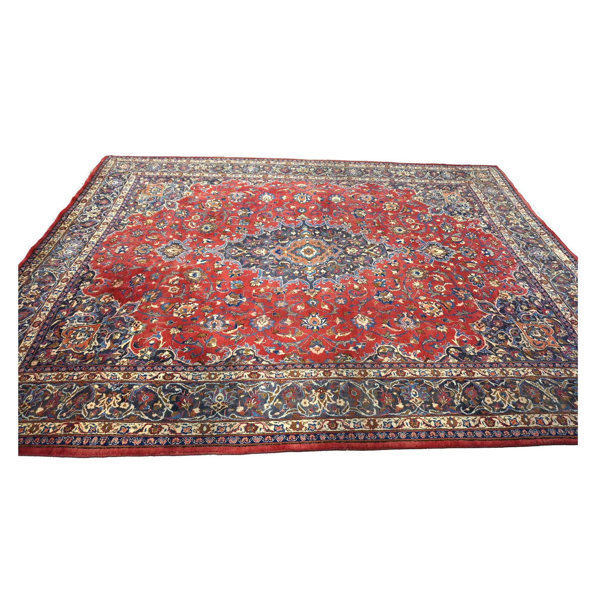 Vintage Persian Mashad Wool 10x13 Red & Navy Handmade Area Rug #1144782