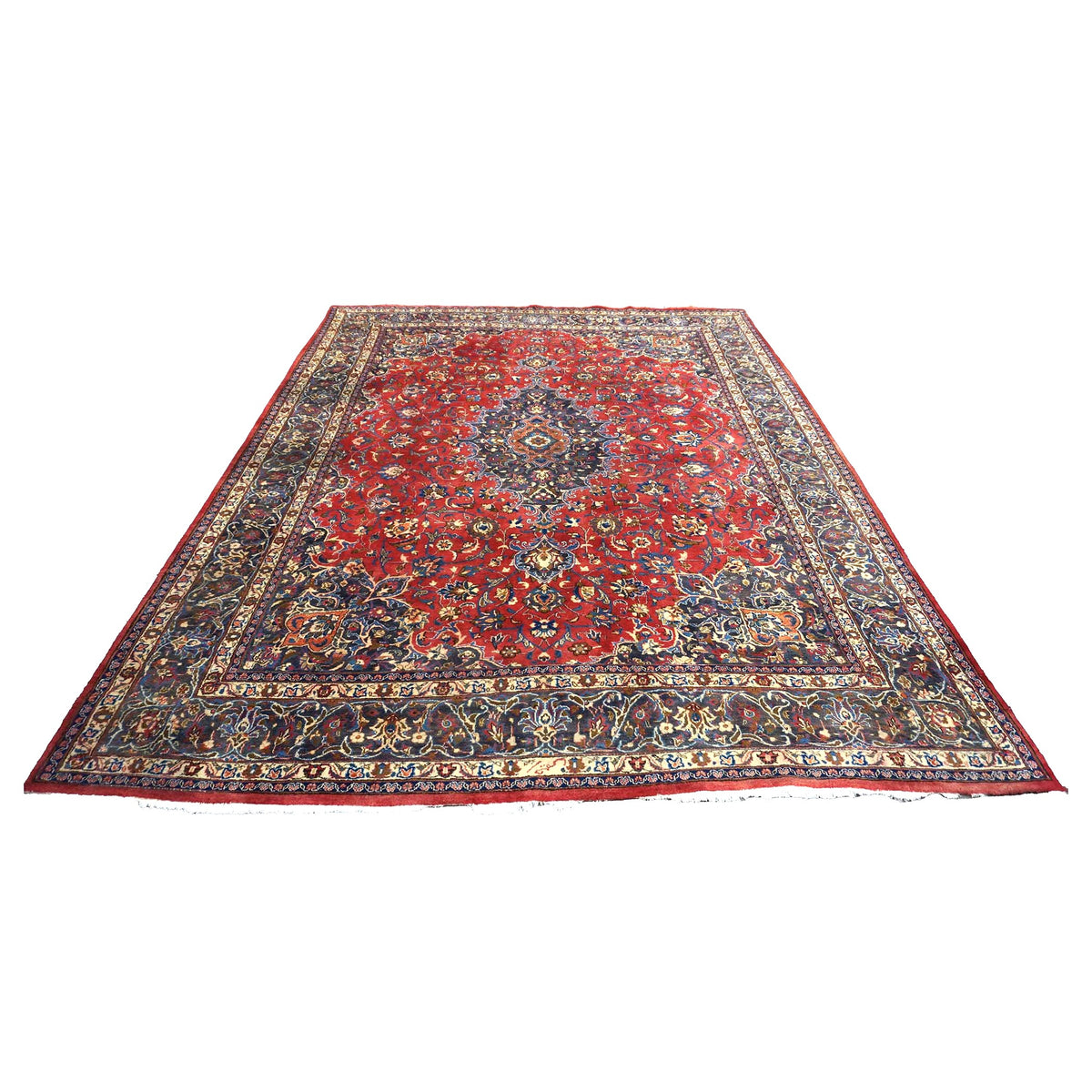 Vintage Persian Mashad Wool 10x13 Red & Navy Handmade Area Rug #1144782
