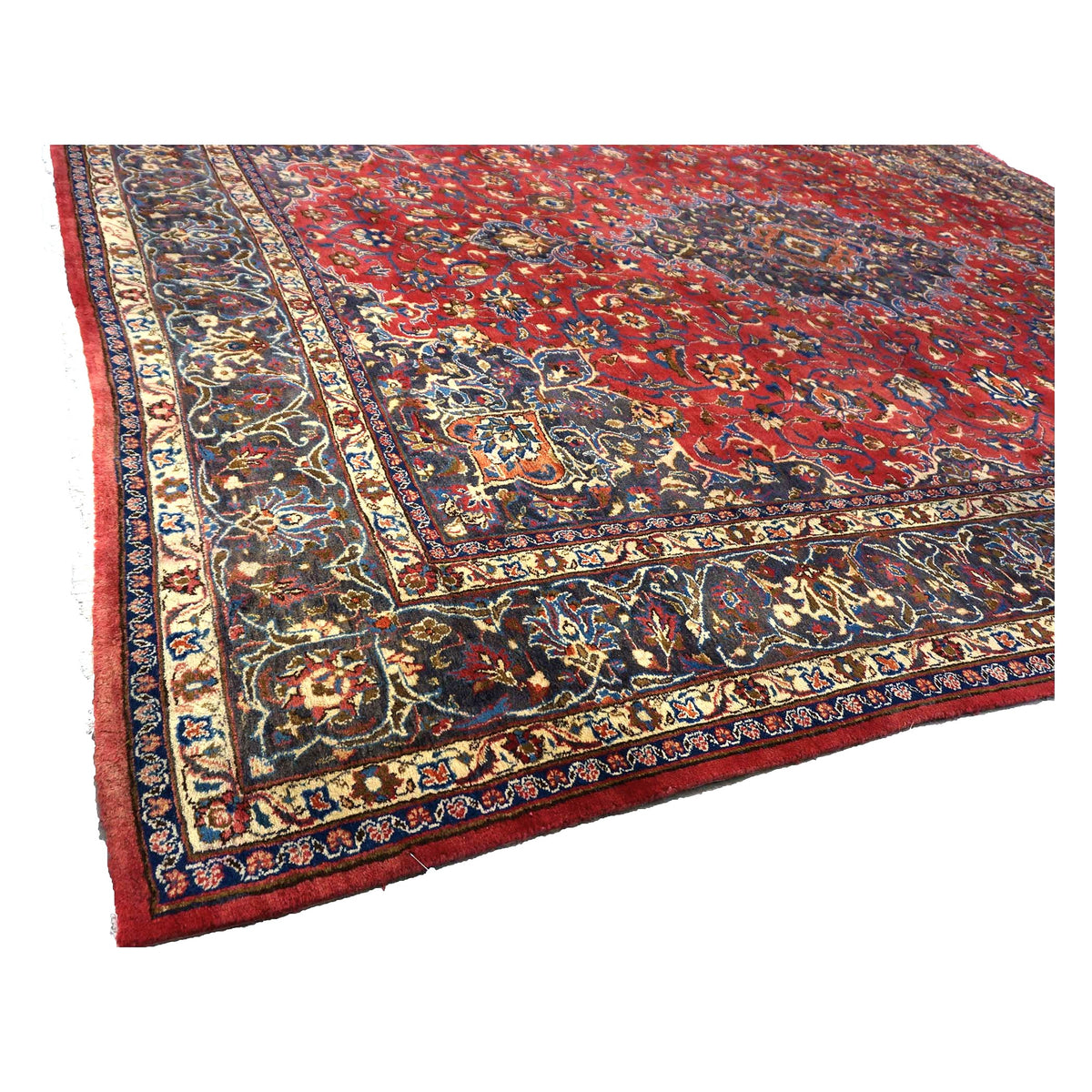 Vintage Persian Mashad Wool 10x13 Red & Navy Handmade Area Rug #1144782