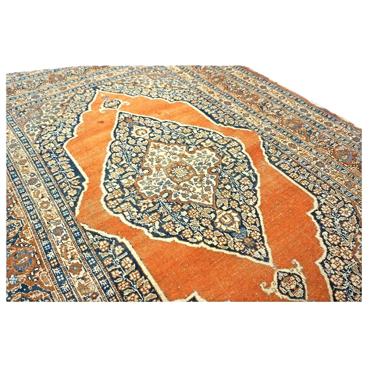 Antique Persian Tabriz Haji Jalili Wool 4x6 Ivory, Navy & Orange Handmade Area Rug  #1144788