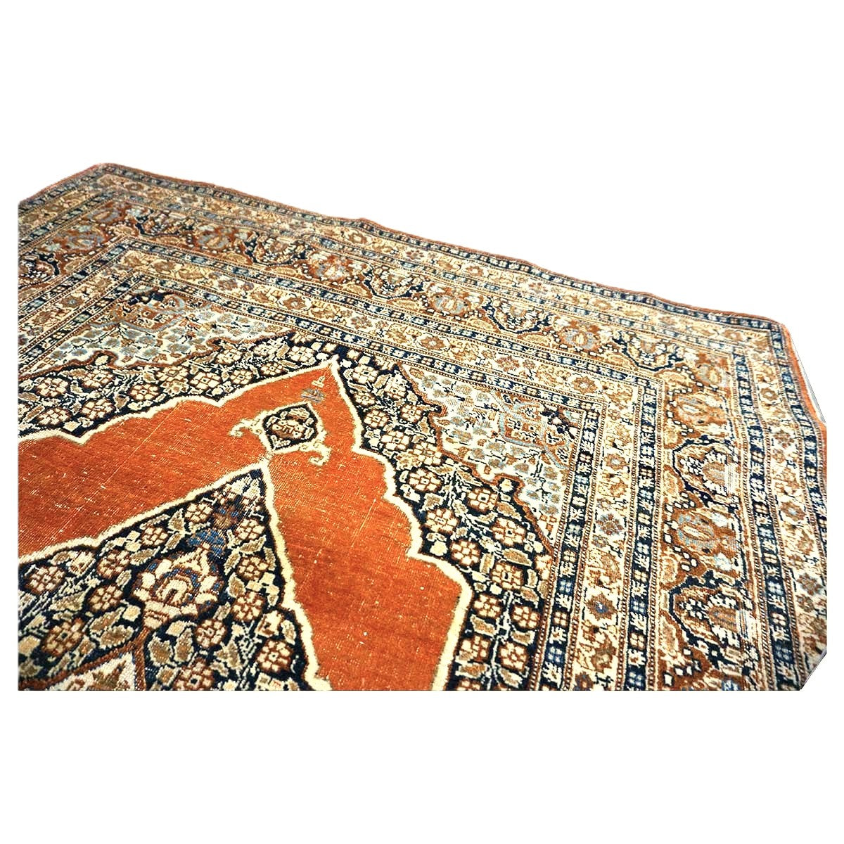Antique Persian Tabriz Haji Jalili Wool 4x6 Ivory, Navy & Orange Handmade Area Rug  #1144788