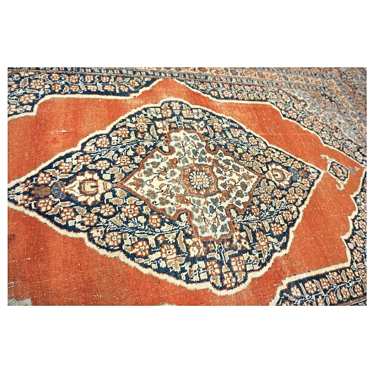 Antique Persian Tabriz Haji Jalili Wool 4x6 Ivory, Navy & Orange Handmade Area Rug  #1144788