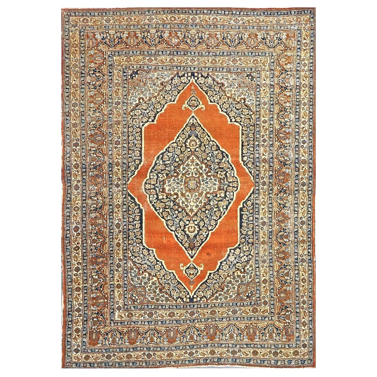 Antique Persian Tabriz Haji Jalili Wool 4x6 Ivory, Navy & Orange Handmade Area Rug  #1144788