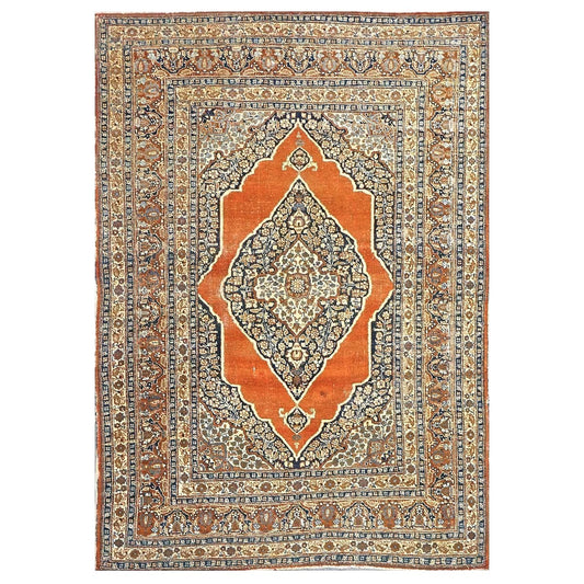 Antique Persian Tabriz Haji Jalili Wool 4x6 Ivory, Navy & Orange Handmade Area Rug  #1144788
