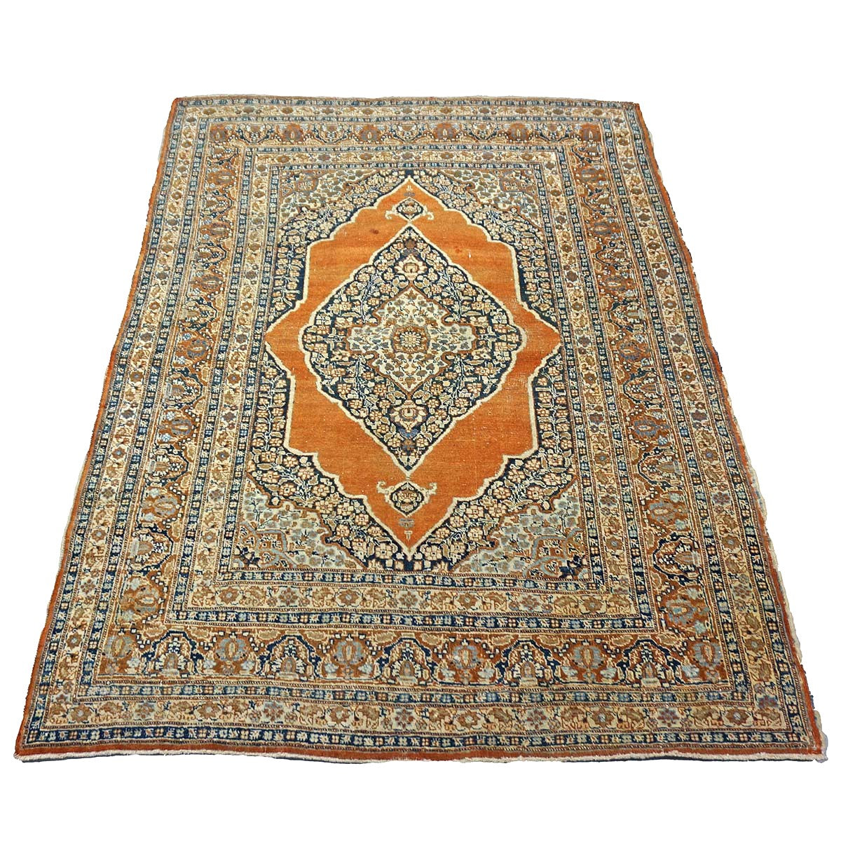 Antique Persian Tabriz Haji Jalili Wool 4x6 Ivory, Navy & Orange Handmade Area Rug  #1144788