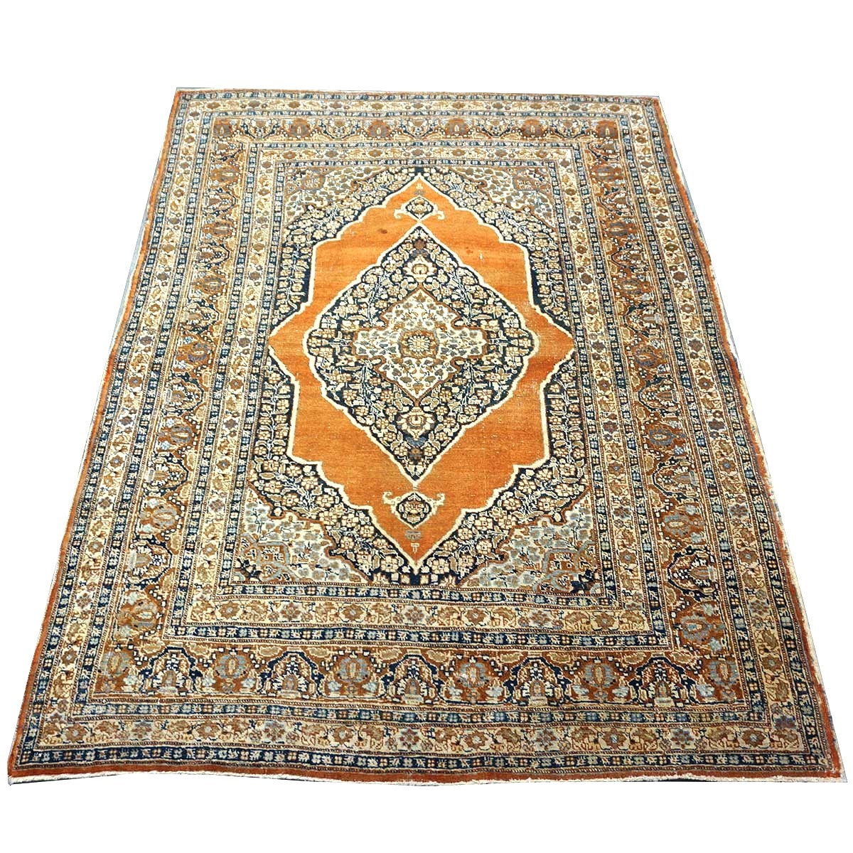 Antique Persian Tabriz Haji Jalili Wool 4x6 Ivory, Navy & Orange Handmade Area Rug  #1144788
