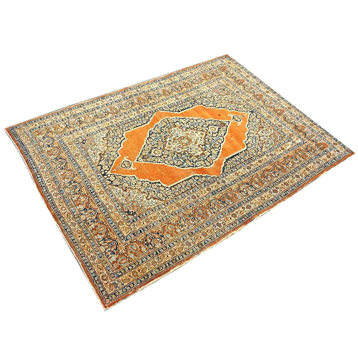 Antique Persian Tabriz Haji Jalili Wool 4x6 Ivory, Navy & Orange Handmade Area Rug  #1144788