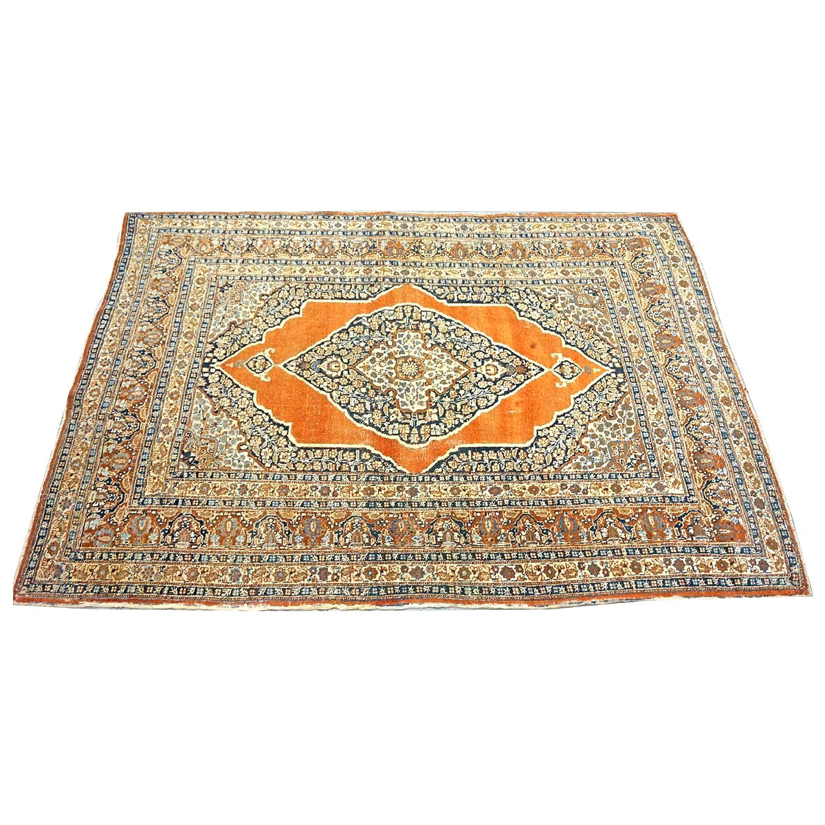Antique Persian Tabriz Haji Jalili Wool 4x6 Ivory, Navy & Orange Handmade Area Rug  #1144788