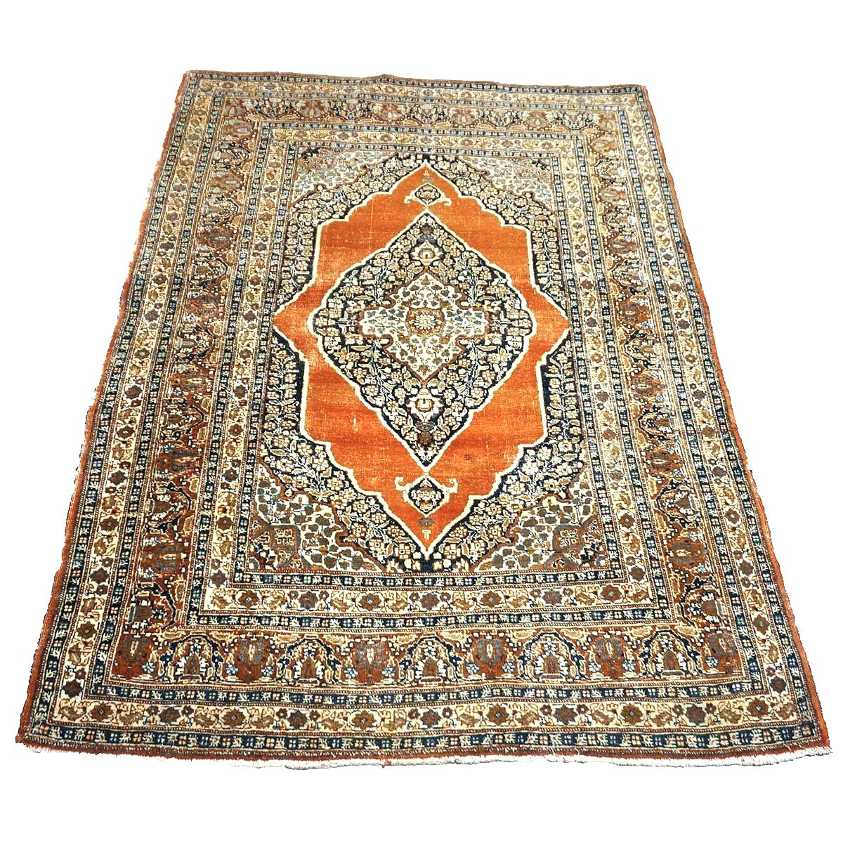 Antique Persian Tabriz Haji Jalili Wool 4x6 Ivory, Navy & Orange Handmade Area Rug  #1144788