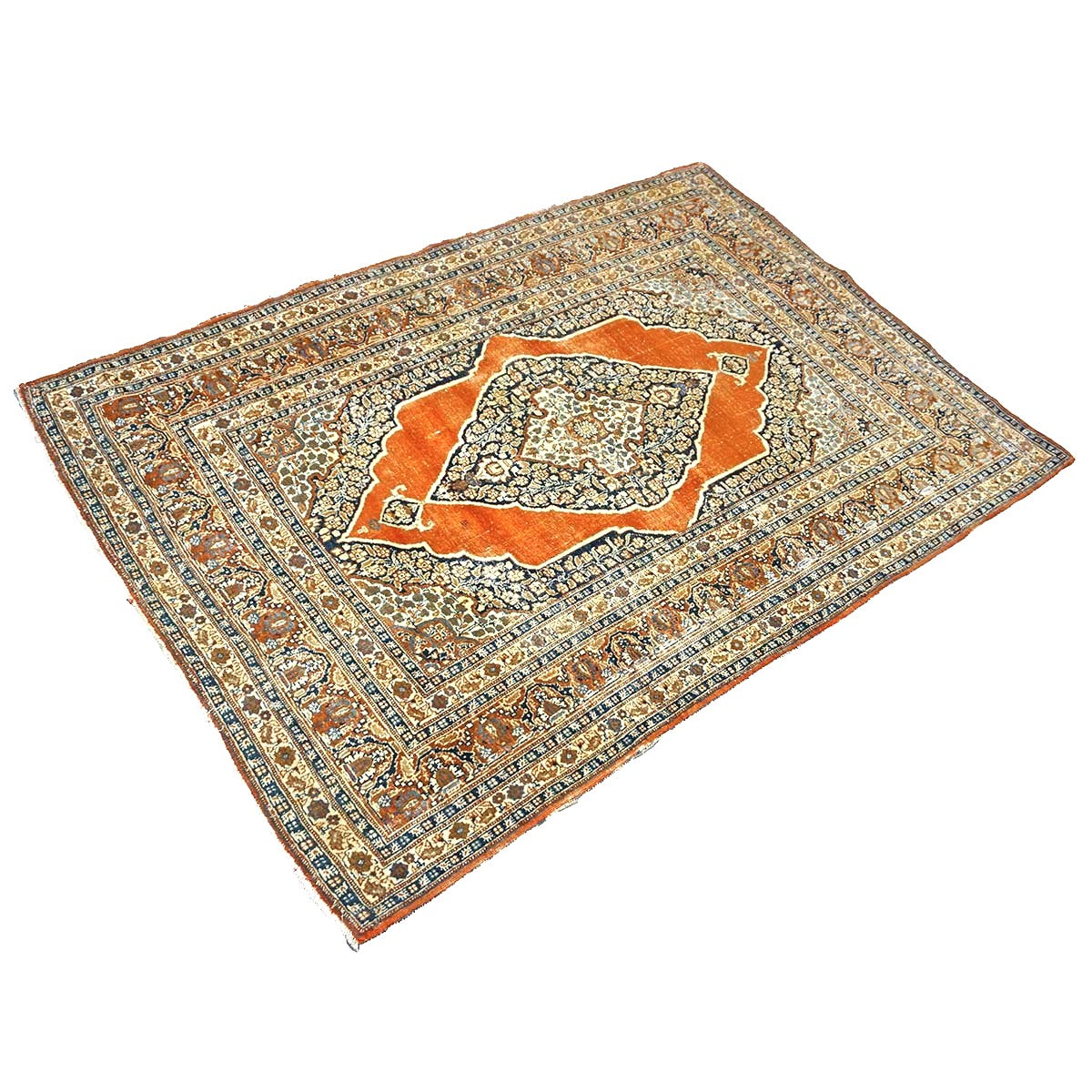 Antique Persian Tabriz Haji Jalili Wool 4x6 Ivory, Navy & Orange Handmade Area Rug  #1144788