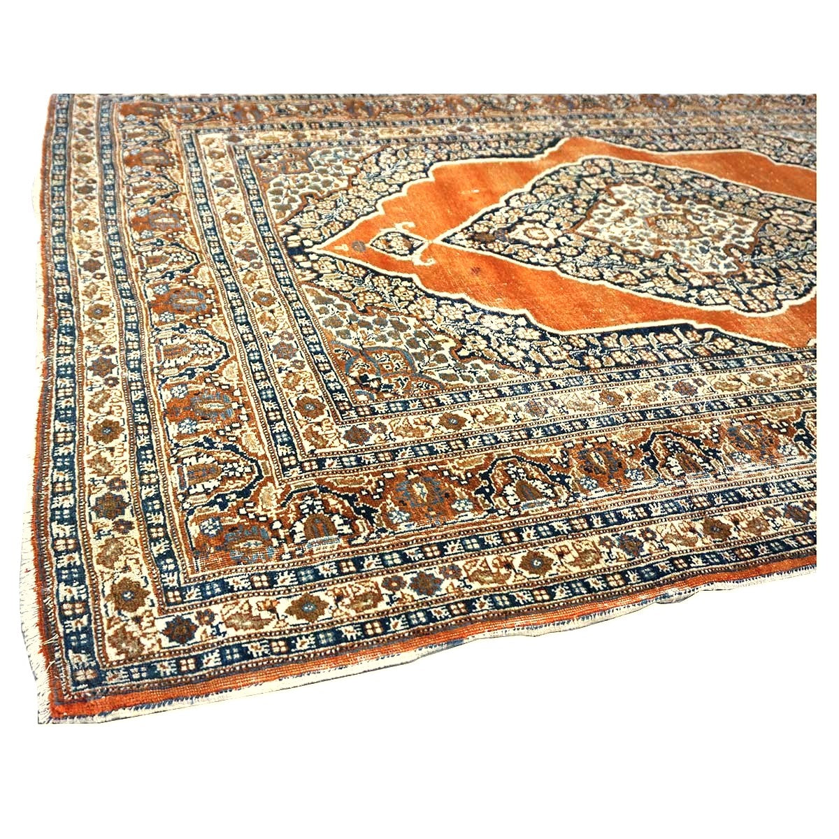 Antique Persian Tabriz Haji Jalili Wool 4x6 Ivory, Navy & Orange Handmade Area Rug  #1144788