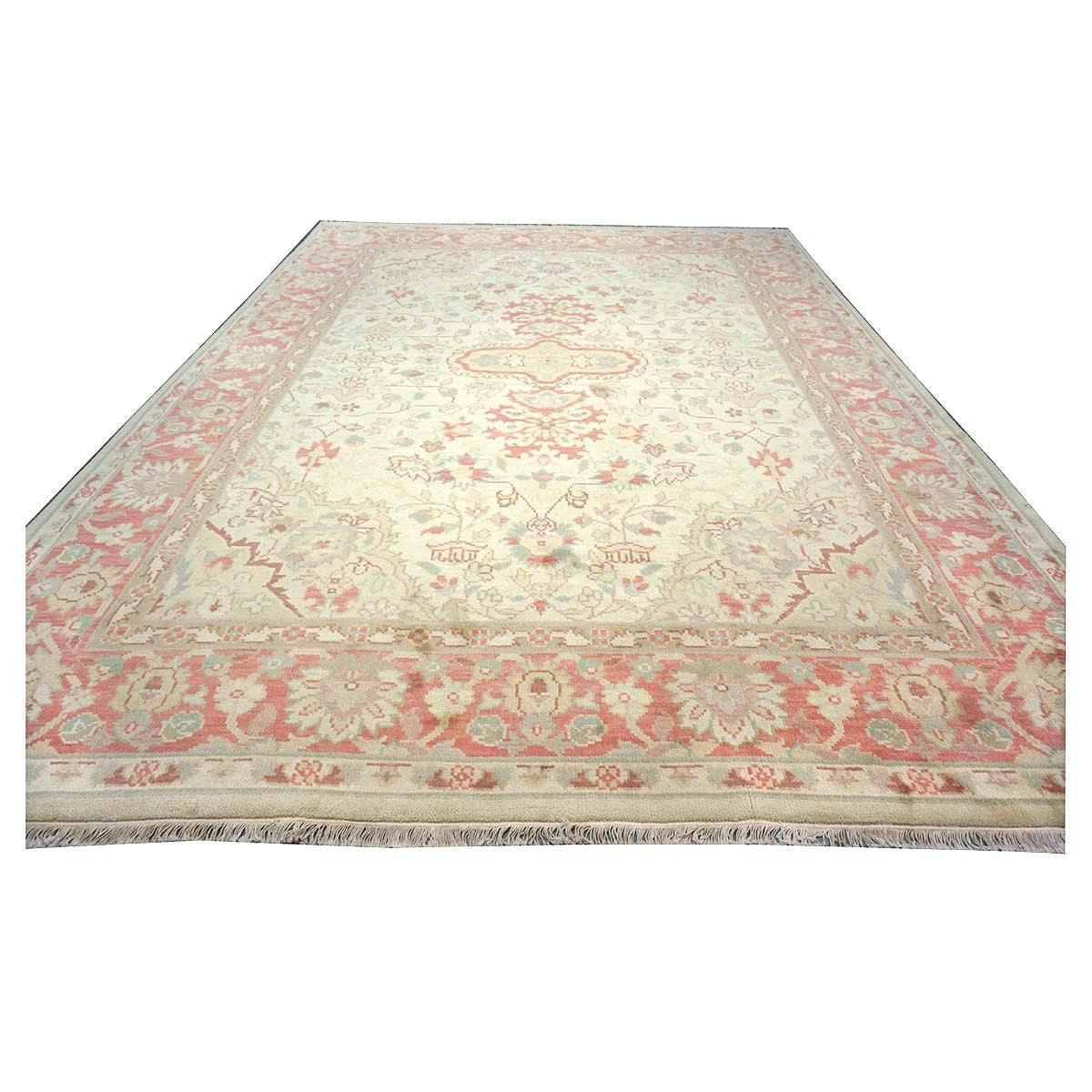 Chinese Tabriz Wool 9x12 Ivory & Salmon Handmade Area Rug #1144794