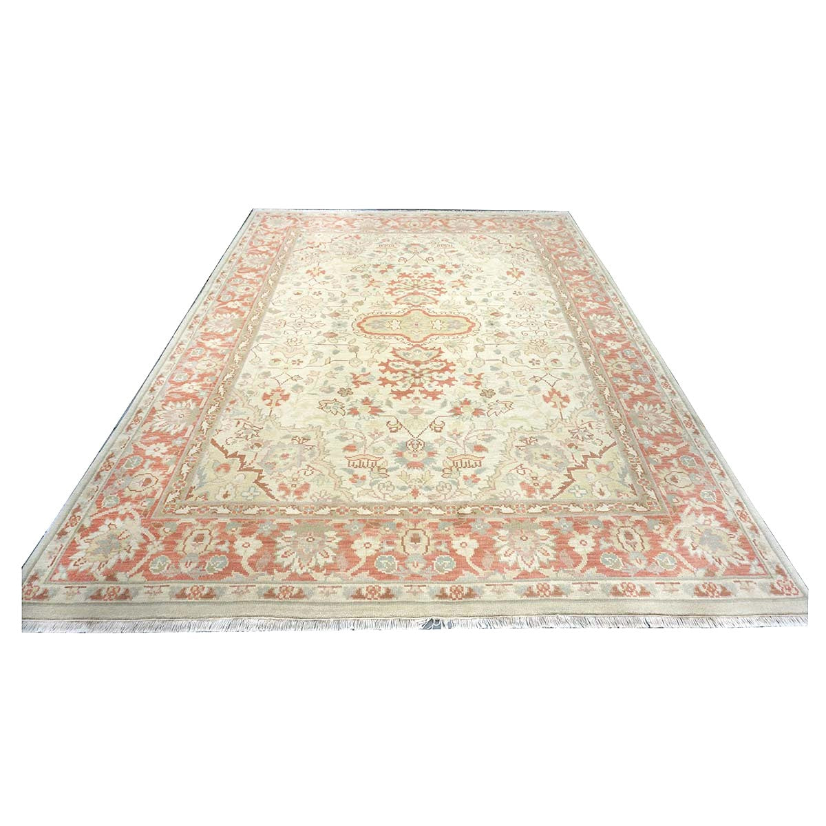 Chinese Tabriz Wool 9x12 Ivory & Salmon Handmade Area Rug #1144794
