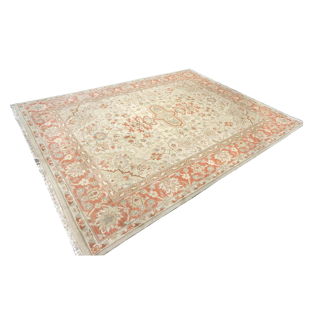 Chinese Tabriz Wool 9x12 Ivory & Salmon Handmade Area Rug #1144794