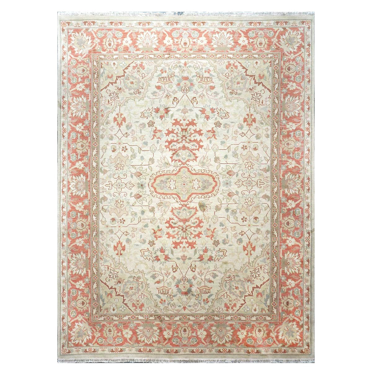 Chinese Tabriz Wool 9x12 Ivory & Salmon Handmade Area Rug #1144794