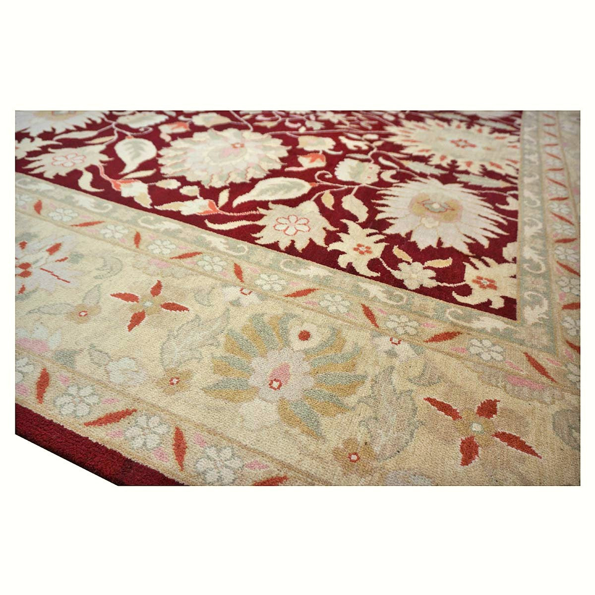 Chinese Oushak Wool 9x12 Burgundy & Tan Handmade Area Rug #1144795