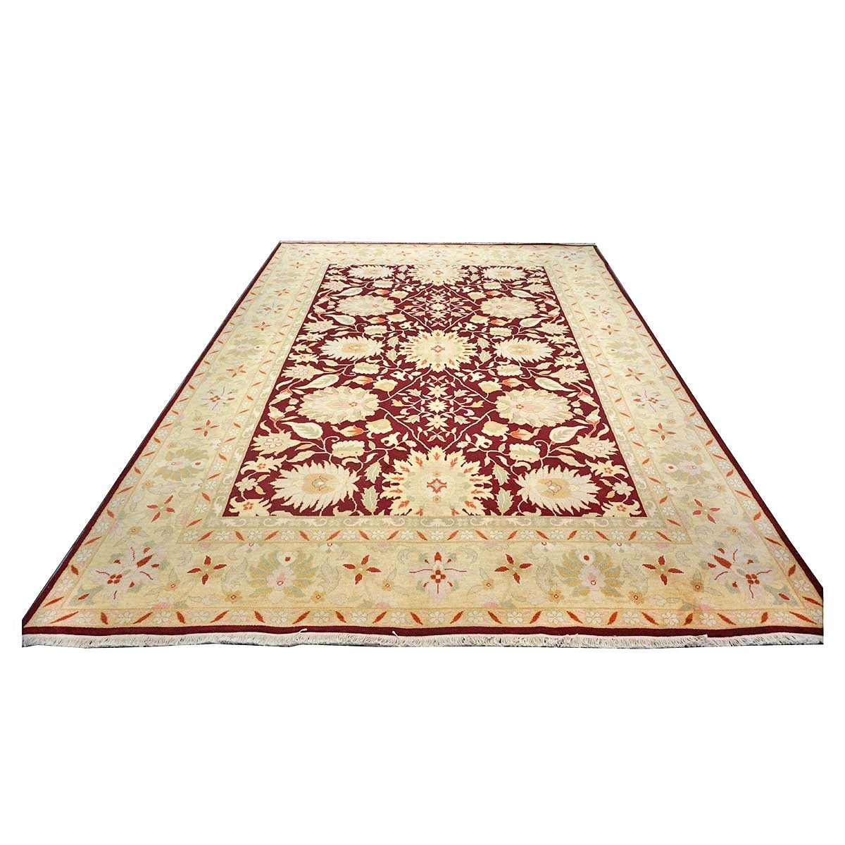 Chinese Oushak Wool 9x12 Burgundy & Tan Handmade Area Rug #1144795