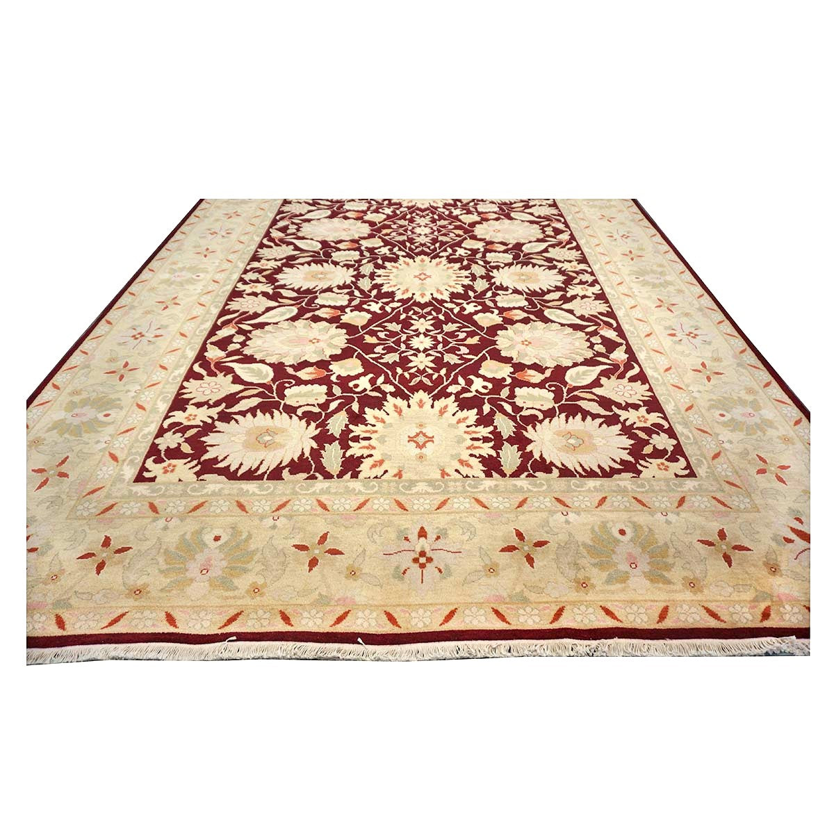 Chinese Oushak Wool 9x12 Burgundy & Tan Handmade Area Rug #1144795