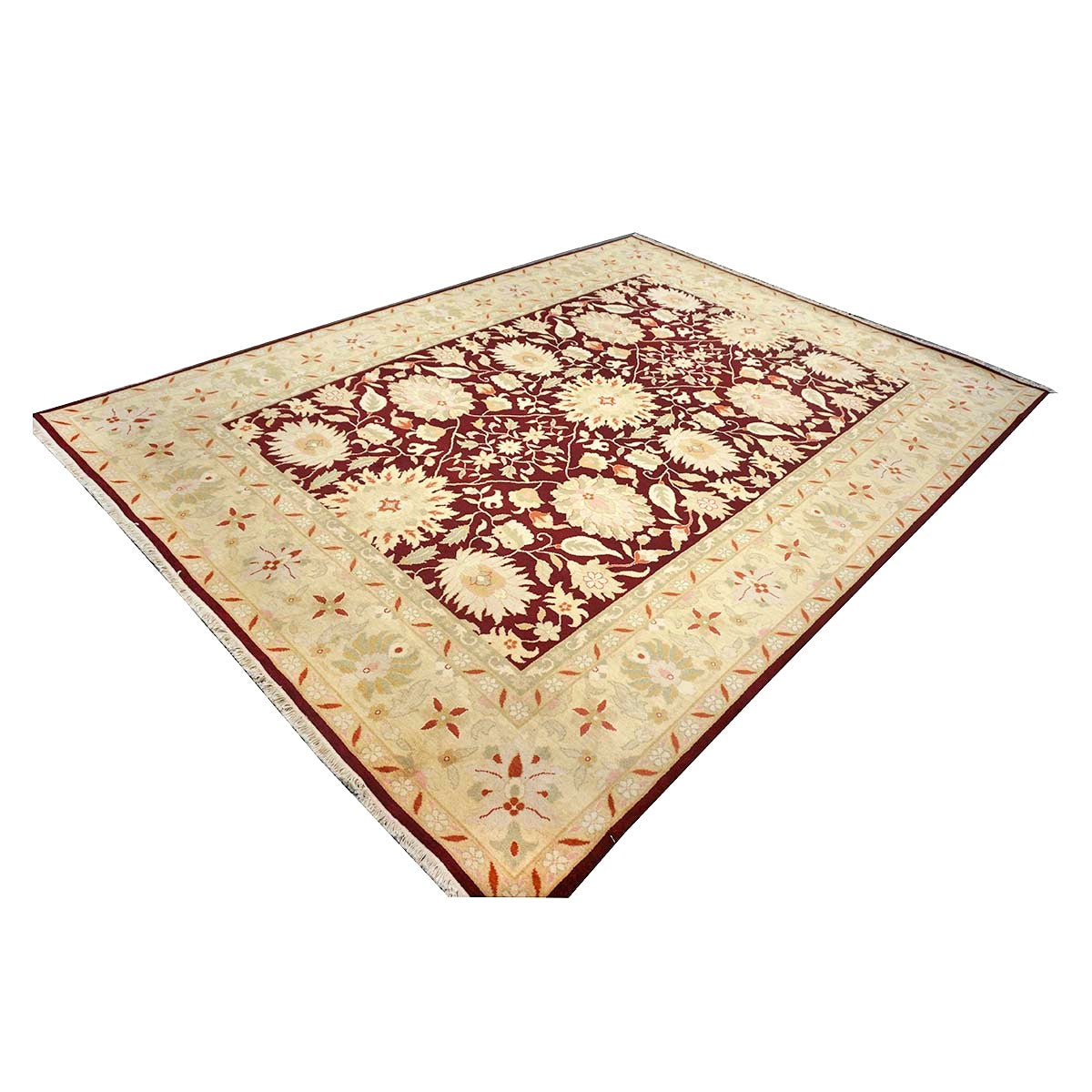 Chinese Oushak Wool 9x12 Burgundy & Tan Handmade Area Rug #1144795