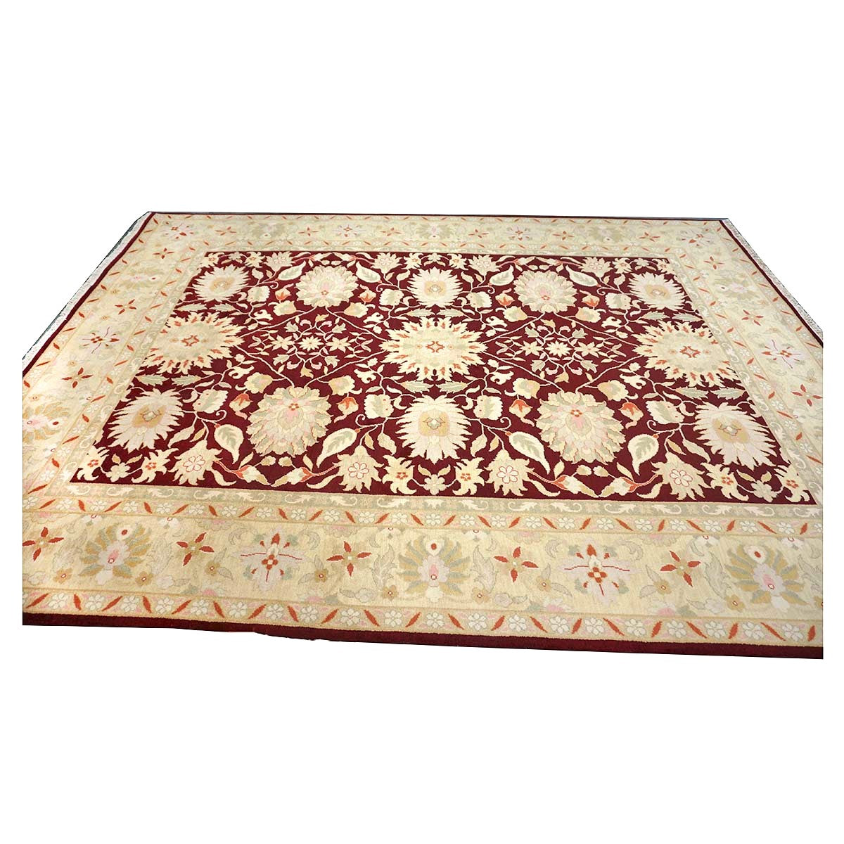 Chinese Oushak Wool 9x12 Burgundy & Tan Handmade Area Rug #1144795