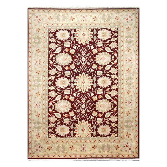 Chinese Oushak Wool 9x12 Burgundy & Tan Handmade Area Rug #1144795
