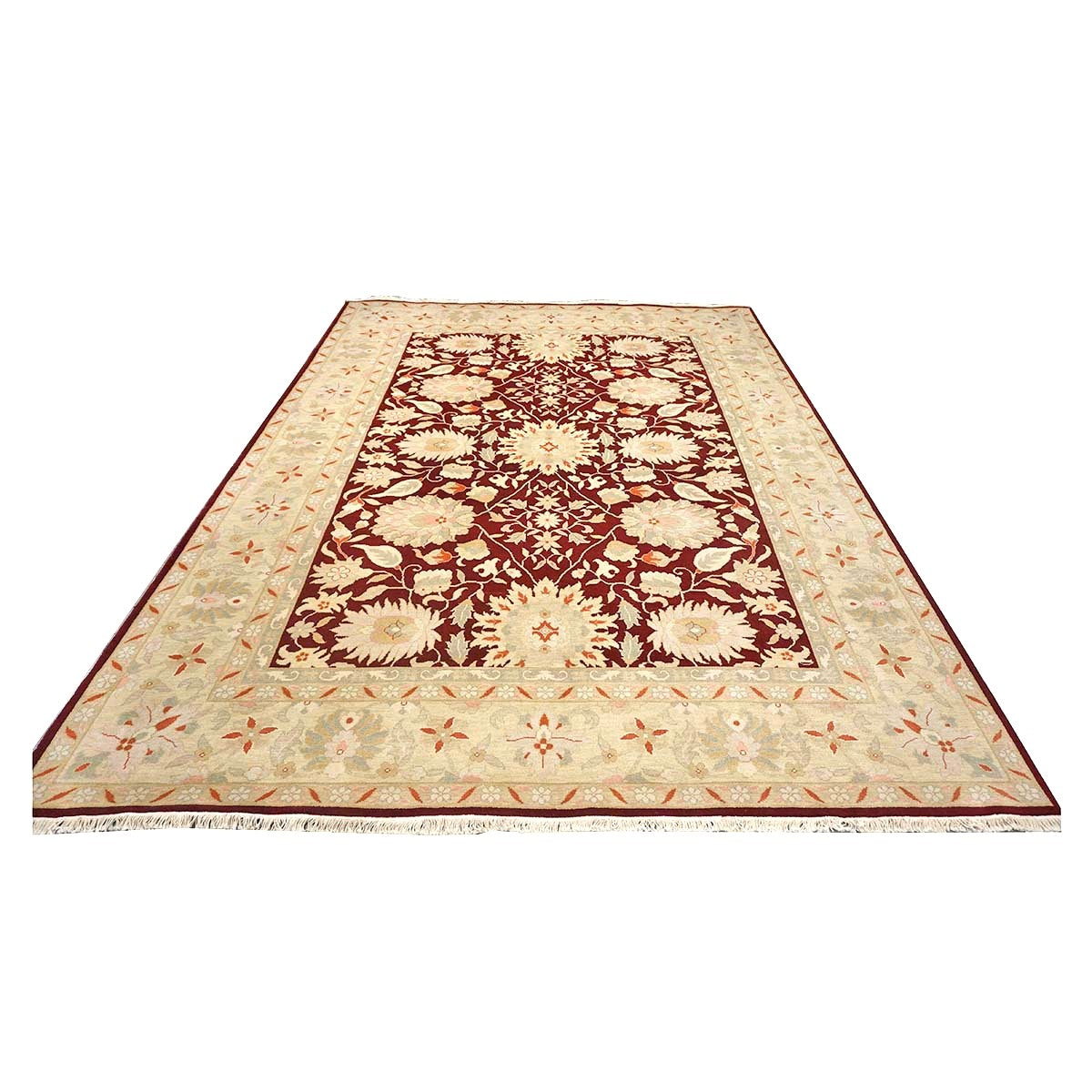Chinese Oushak Wool 9x12 Burgundy & Tan Handmade Area Rug #1144795