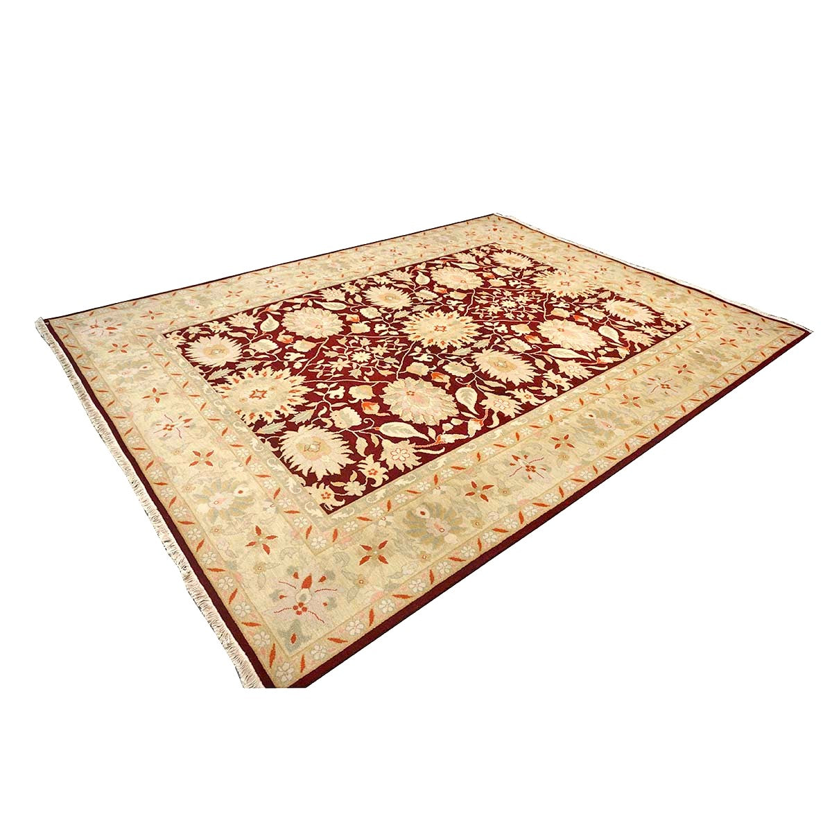 Chinese Oushak Wool 9x12 Burgundy & Tan Handmade Area Rug #1144795