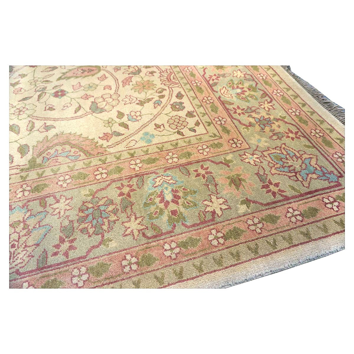 Chinese Tabriz Wool 9x12 Green & Rose Handmade Area Rug #1144796