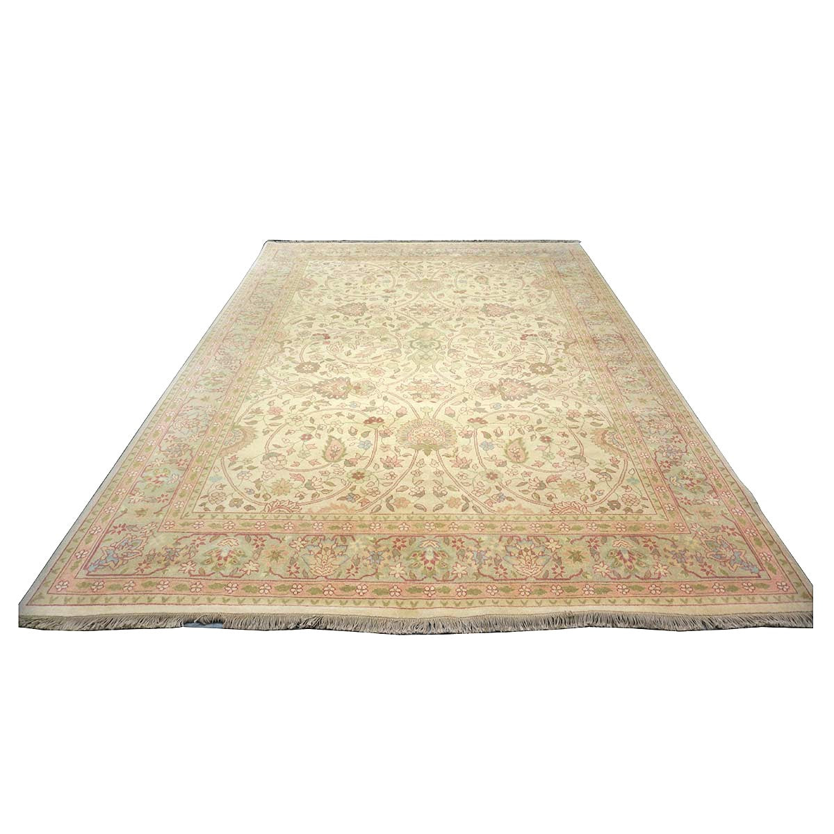 Chinese Tabriz Wool 9x12 Green & Rose Handmade Area Rug #1144796
